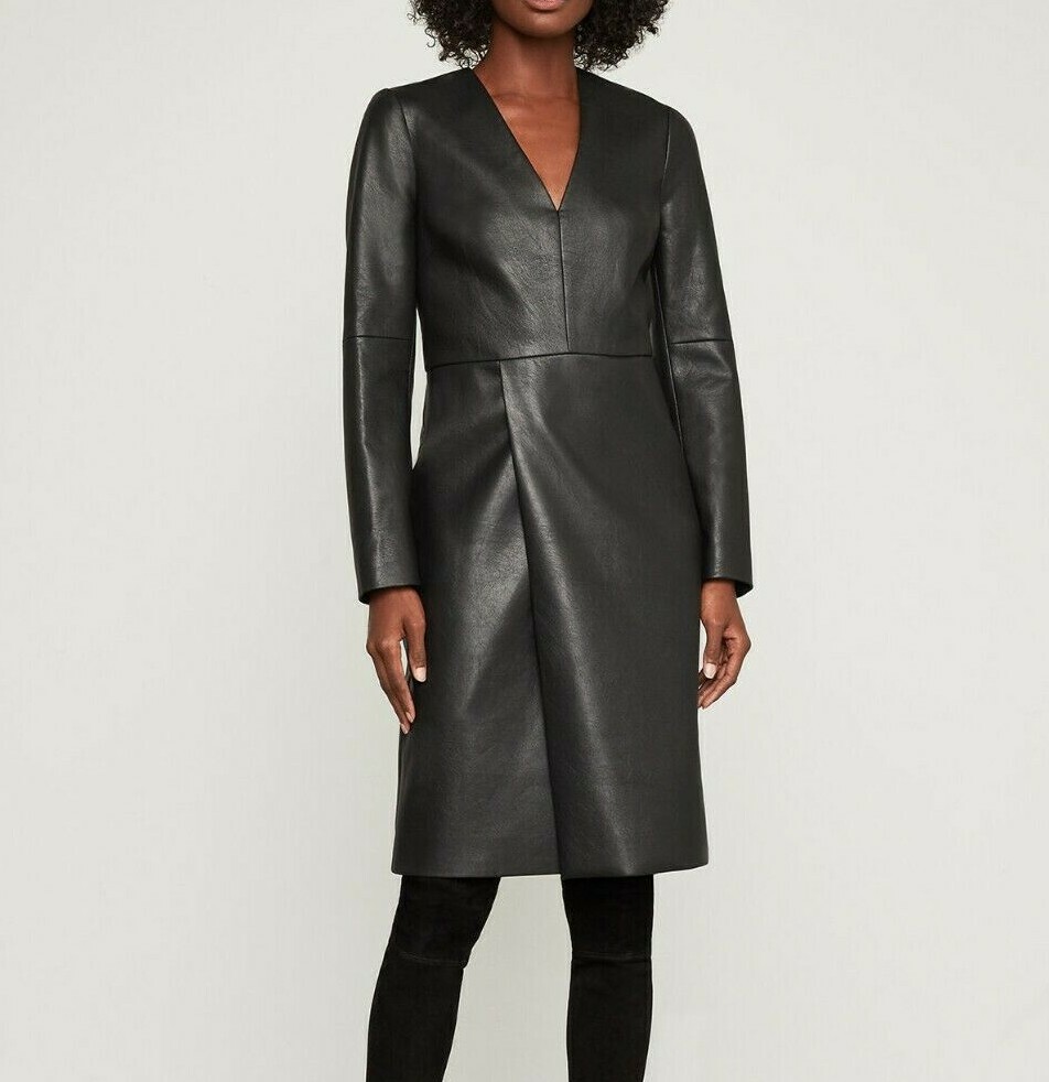 $348 NWT BCBGMAXAZRIA SzS MATTE FAUX-LEATHER LONG SLEEVE SHIFT DRESS BLACK