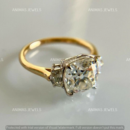 2 CT Cushion Cut Moissanite Three-Stone Engagement Ring 14K Two-Tone Gold Plated