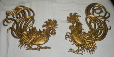 Vintage Mid Century VERMAY Fighting Roosters Fighting Cocks Metal Wall Plaques