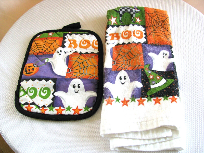 2pc Halloween multicolor 100% cotton dish towel & pot holder set