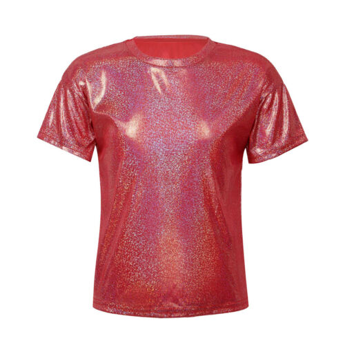 Kids Boys Girls T-shirt Sparkly Jazz Dance Tops Athletic Shiny Sequin Blouse AU - Picture 43 of 58