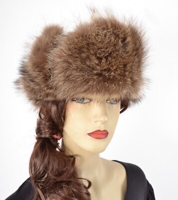 帽子 Real fur cap Real Fur Trapper Hat, Black Fox Fur Hat Woman, Aviator Fur Hat