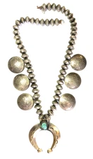 Coin Silver Morgan Dollar 15mm Mercury Dime Bead Squash Blossom Necklace 26.5"