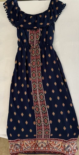 As U Wish Boho Maxi Dress XL Navy Cottagecore Blue Pom Ruffle Lined Festival