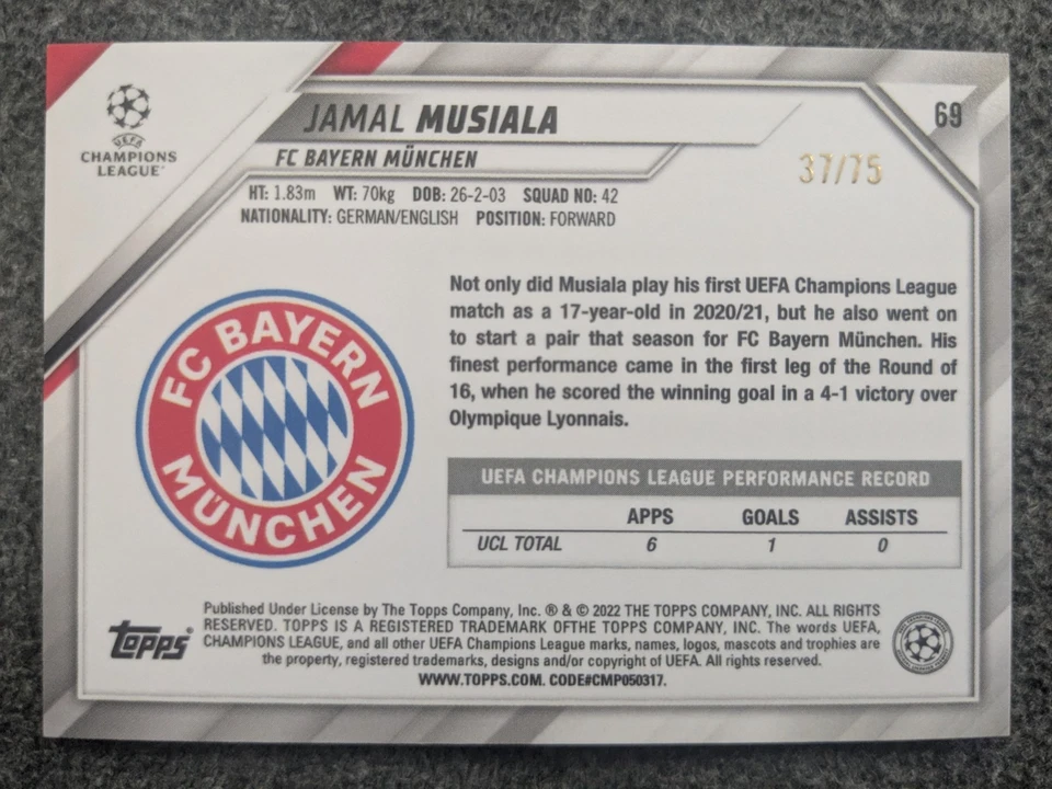 2021-22 TOPPS CHROME UEFA SAPPHIRE JAMAL MUSIALA GREEN REFRACTOR#69#37/75 - Image 2 of 2