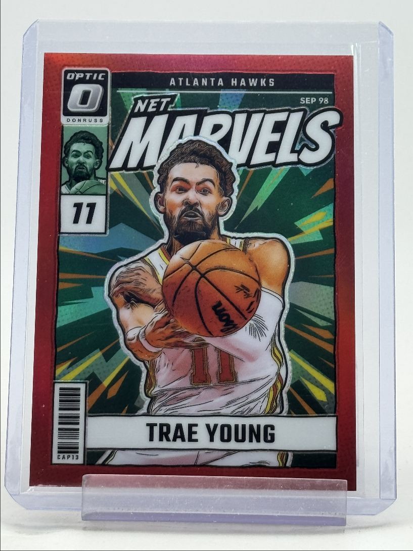 TRAE YOUNG 2024-25 DONRUSS OPTIC NET MARVELS RED PRIZM HAWKS /99 Q5384
