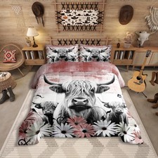 Highland Cow Print Comforter Set Queen,Red Western Farmhouse Bedding Sets Rus...