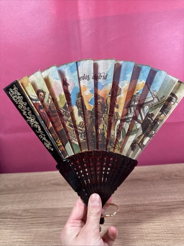 Vintage Recuerdos Madrid Multicolor Fabric Hand Fan J2