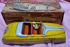 Vtg MARX TOYS Made USA Wind Up Tin Toy Roadster Car w/Driver  Box Works Good