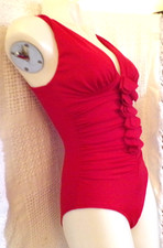 VTG RED 1 PC SUIT w/ Plunging neckline, Ruffle Sarong-size 8