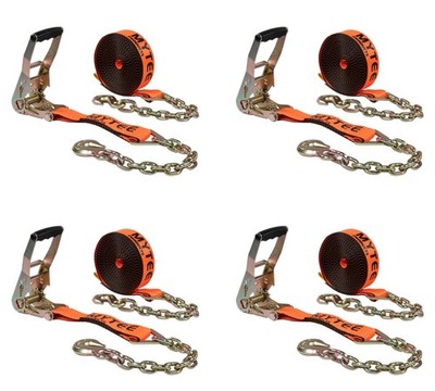 4Pk 2''x30' Orange Ratchet Strap w/ Chain Anchor 4000 # WLL Hi Abrasion Tie Down
