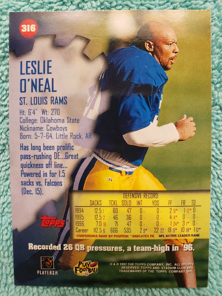 1997 TOPPS STADIUM CLUB LESLIE O'NEAL #316 ST. LOUIS RAMS  - Image 3 of 4