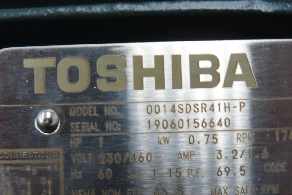 Toshiba EQP Global AC Motor 1Hp 1765 RPM 230/460V 3PH 56 Frame 0014SDSR41H-P - Image 2 of 4