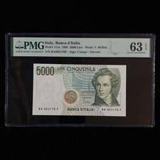 1985 Italy Banca d Italia 5000 Lire Pick#111a PMG 63 EPQ Choice UNC