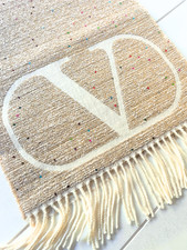 Valentino Garavani VLogo Metallic Sequin Wool Cashmere Scarf Fringe Cream Gold