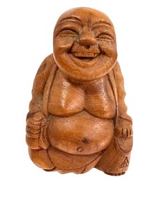 Handcarved Teakwood Wood Happy Sitting Buddha Figurine Sculpture