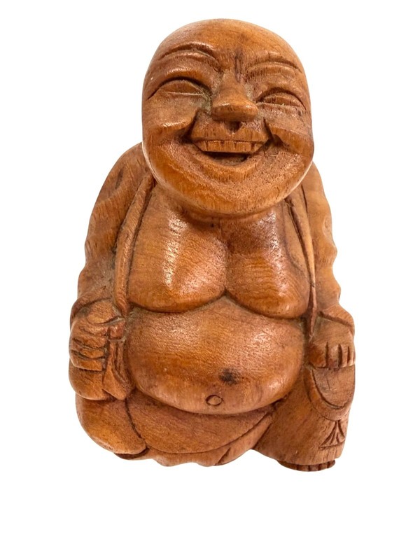 Handcarved Teakwood Wood Happy Sitting Buddha Figurine Sculpture