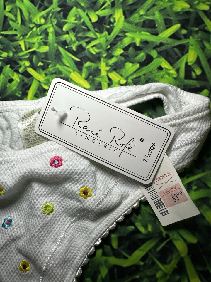 Vintage Y2K NWT René Rofé Thong L White Floral Embroidered Daisy Panties Cute - Image 4 of 4
