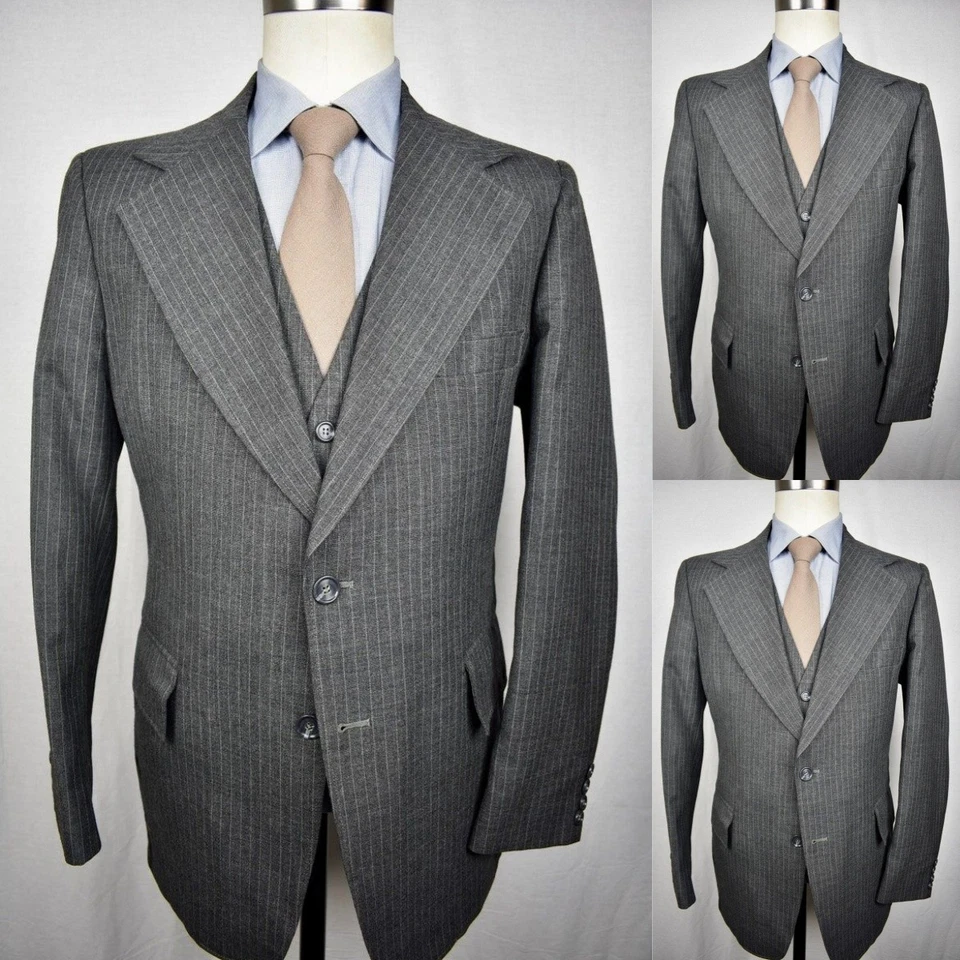 Trajes de hombre a rayas 3 piezas abrigo formal de negocios gris esmoquin chaleco de noche chaqueta Foto 3 de 4