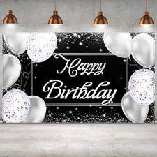 Happy Birthday Backdrop Banner - Black and Silver Photography Background - Large