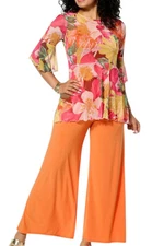 Antthony Women's 2-piece Flounce Slv Top Pant Set Floral Multi/Orange