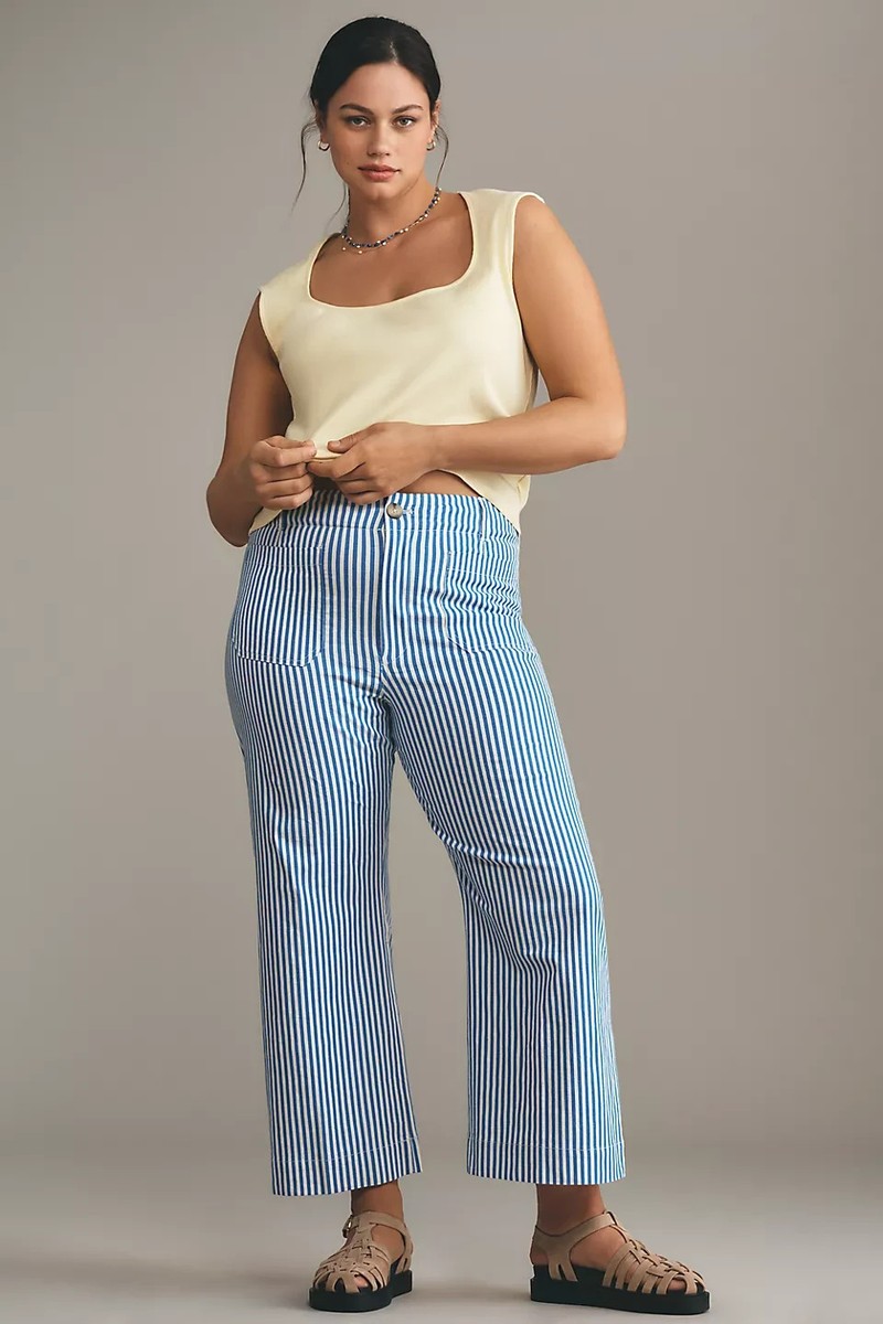 Anthropologie Colette Crop Linen Pants Wide Leg Maeve Blue Stripe