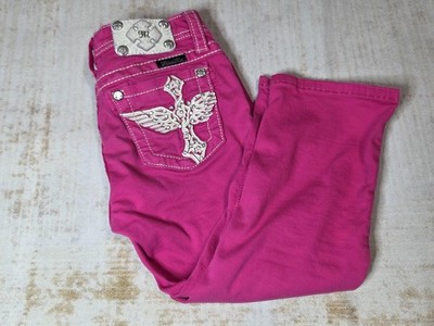 Miss Me Jeans Girls 14 Bright Pink Capri Wing Cross Embroidered