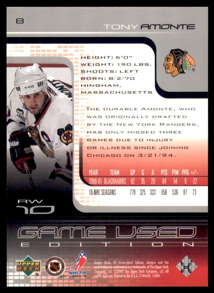 2001-02 SP Game Used #8 Tony Amonte Blackhawks - Image 2 of 2