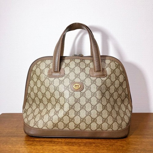 GUCCI GG Tote Hand Bag Ziplock Leather PVC Brown Beige Gold Hardware From Japan