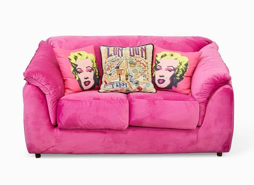 Fuchsia Pink Velour upholstered Designer Love Seat- Sofa