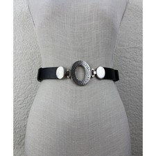 Chico's Belt Black Adjustable Leather M/L Silver Tone Hammered Circle Buckle