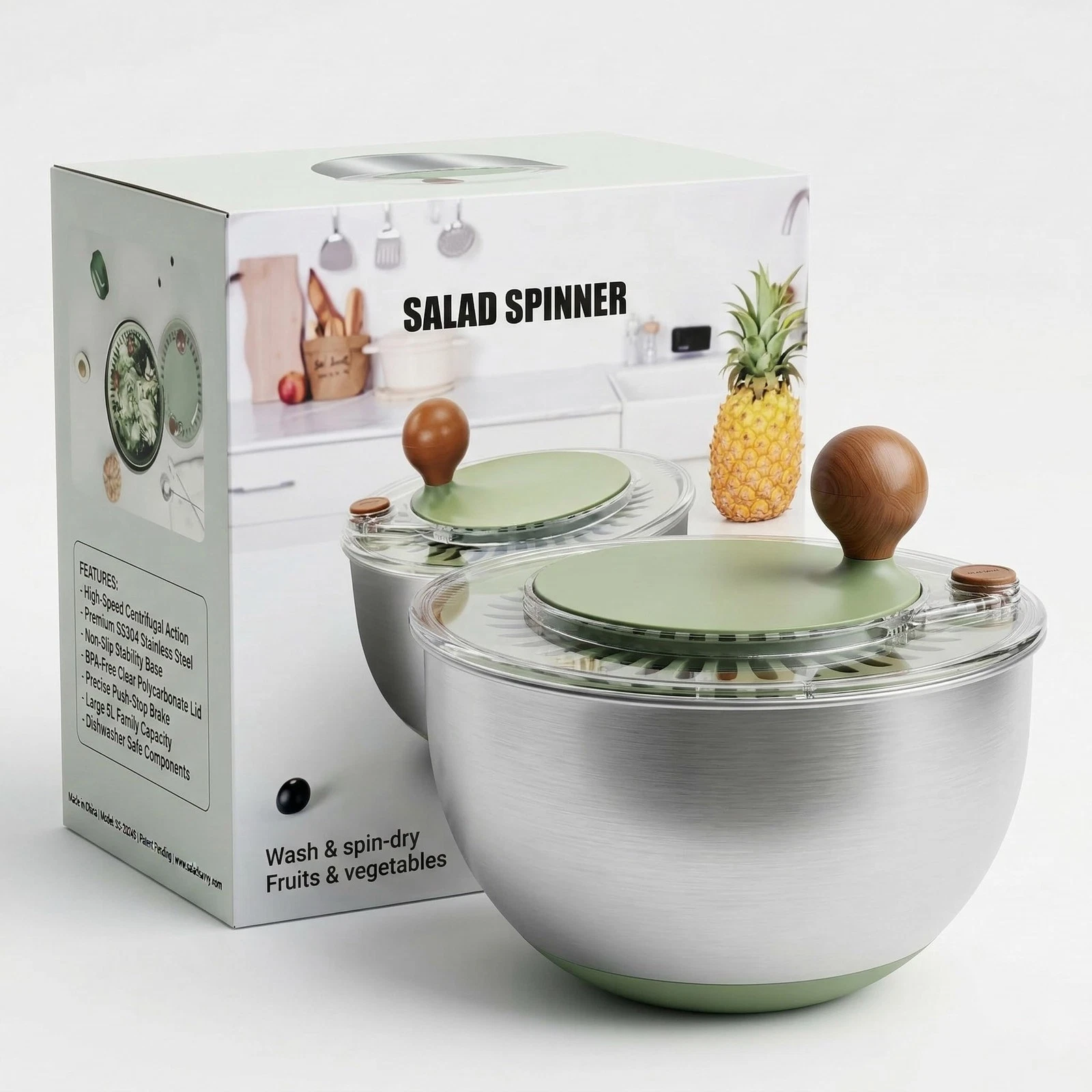 5.3QT Stainless Steel Salad Spinner - Large Salad Spinner with Non-Slip Base,...