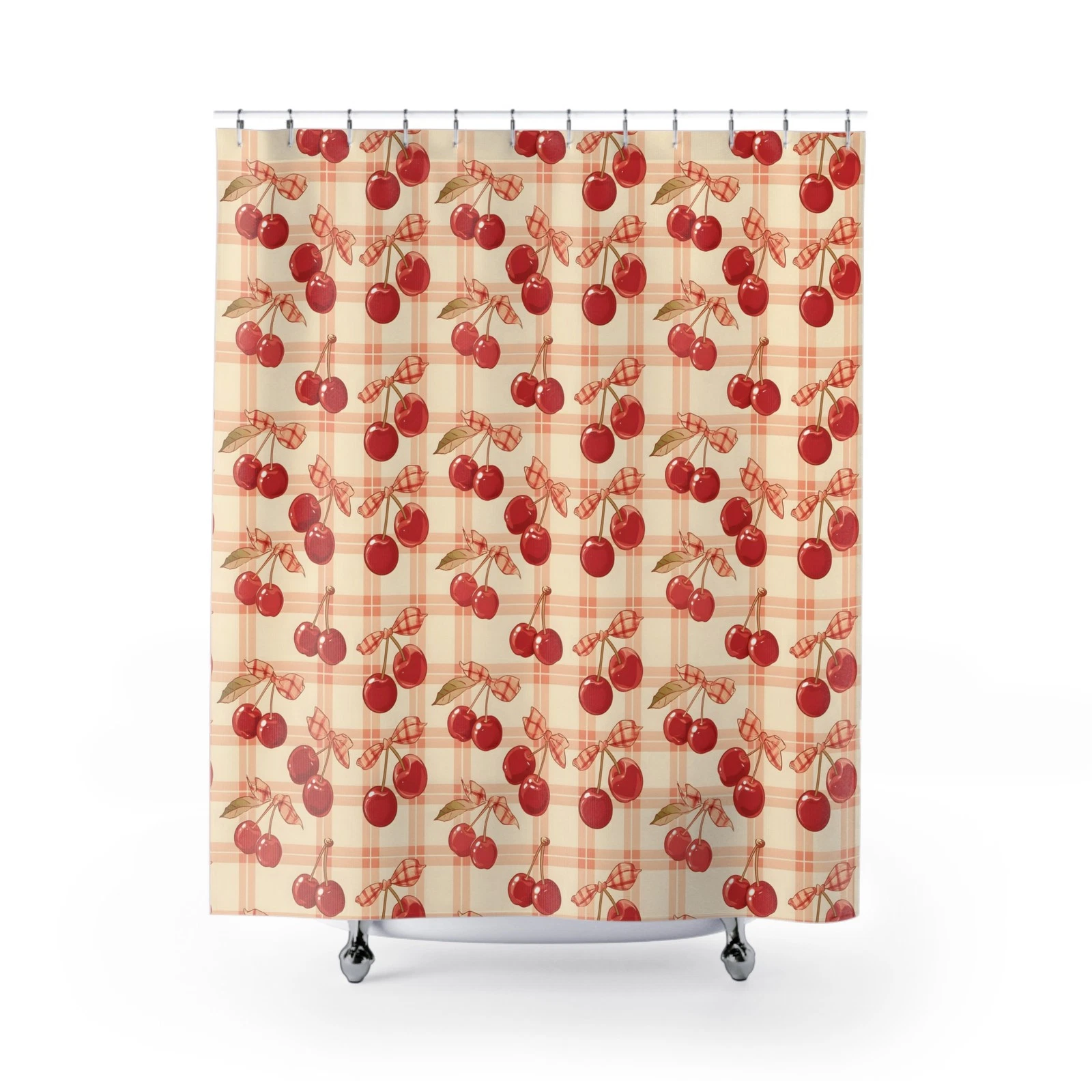Cherry Plaid Shower Curtain, Retro Fruit Pattern