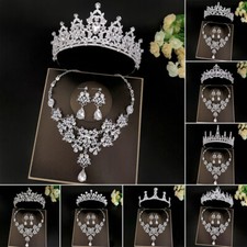 Elegant Crystal Necklace Earrings Tiara Crown Set For Women Wedding Bridal Neck