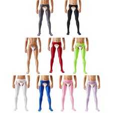 US Men Semi Opaque Pantyhose Hollow-Out Footed Oil Glossy Tight Pants Underwear