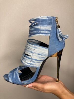 NWT Size 9 Liliana Open Toe Loop Cut Hollow Out Acid Washed Denim Stiletto Heels