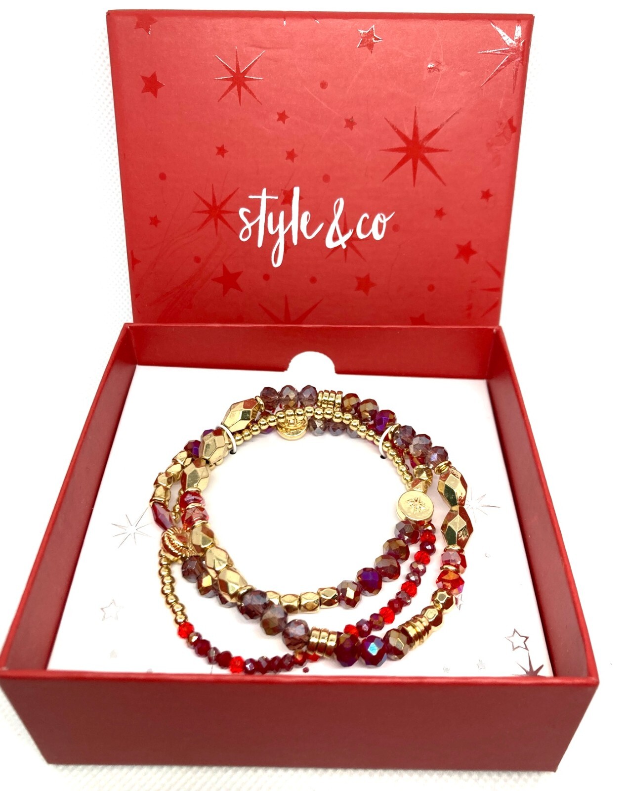 STYLE & CO Gold-Tone Red 3-Piece Star Charm Stretchy Bead Bracelet Set NIB