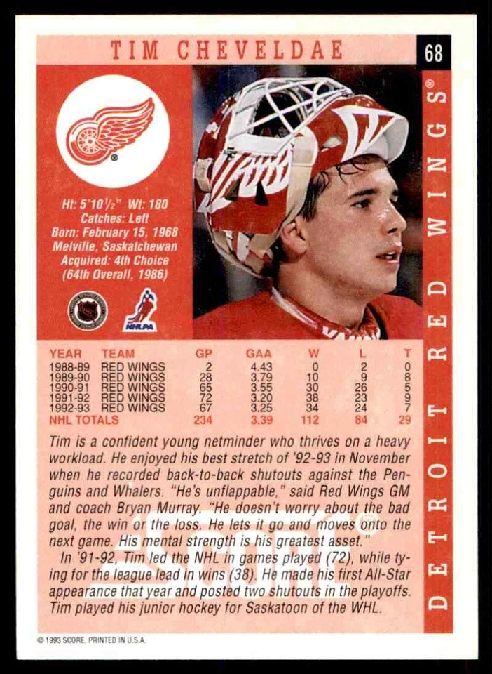1993-94 Score Tim Cheveldae #68 - Image 2 of 2