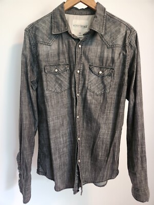 Aeropostale Shirt Mens Large Grey Pearl Snap Long Sleeve Pocket Western