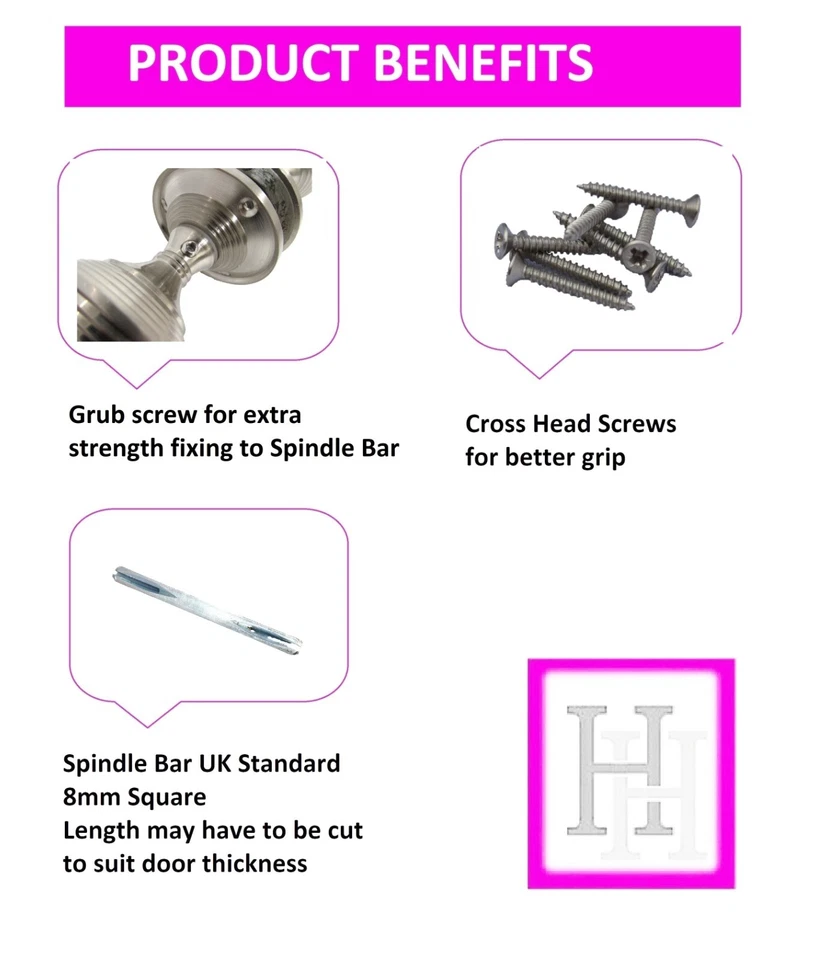 Door Knob SET Satin Queen Anne Reeded Internal Door Handles LARGE ROSE PLATE - Image 4 of 4