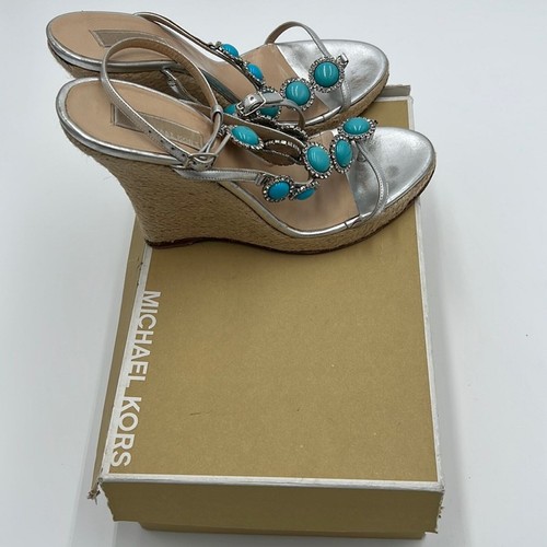 Cuñas Santorini Michael Kors Vintage Plateadas Metálicas Turquesa, Playa, Talla 10 - Imagen 12 de 13