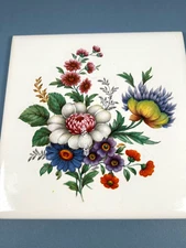 Floral Tile Trivet 6 x 6” Vintage Soriano Ceramics Botanical Bouquet Cork Backed