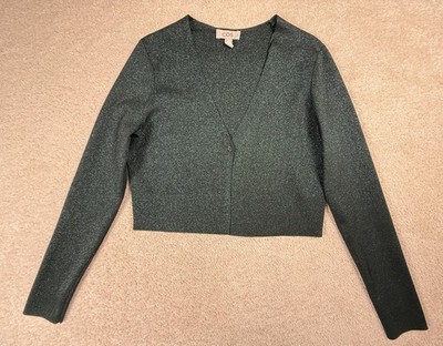 COS Cardigan Sweater Womens S Green Metallic Knit V Neck Cropped Shimmer Party