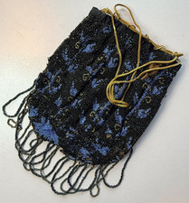 Vintage Black/Blue Art Deco Beaded Drawstring Evening Purse with Tassel Fringe