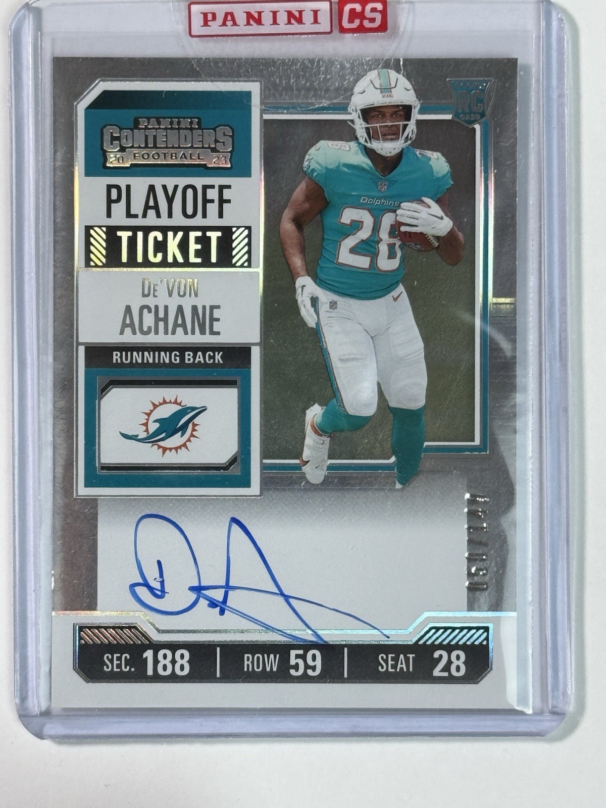 2023 Contenders Playoff Ticket #109 De'Von Achane Rookie Auto /149 Dolphins