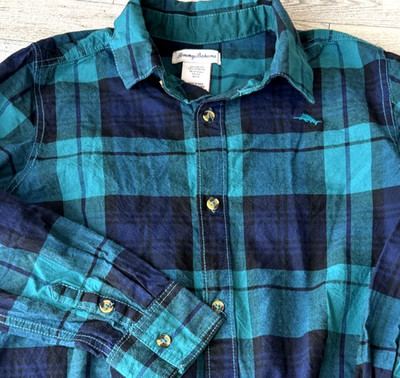 TOMMY BAHAMA boys long sleeve plaid green button up shirt sz Large 10-12
