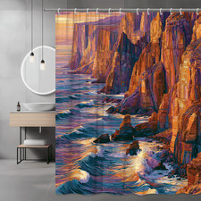 Ocean Cliff Landscape Shower Curtain, Coastal Sunset Art