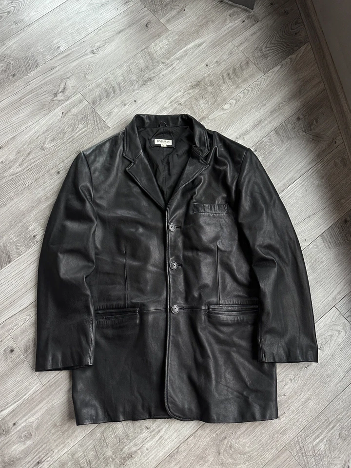 Balmain Vintage Black Men's Leather Coat Jacket Size: L - Image 2 of 4