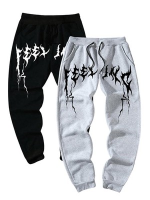Men's 2 Pcs Graphic Print Drawstring Waist Active Jogger Sweatpants Black and...