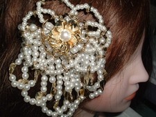 White Pearl and Golden Bead Flower 3.5" Hair Barrette New w Tag